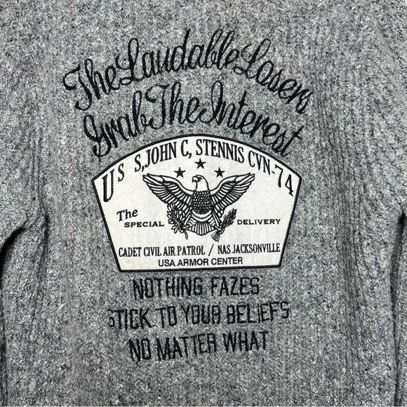 Stoogie & Co Men Cardigan Sweater Large Gray Button Front Japanese Wool Spellout - Picture 10 of 12